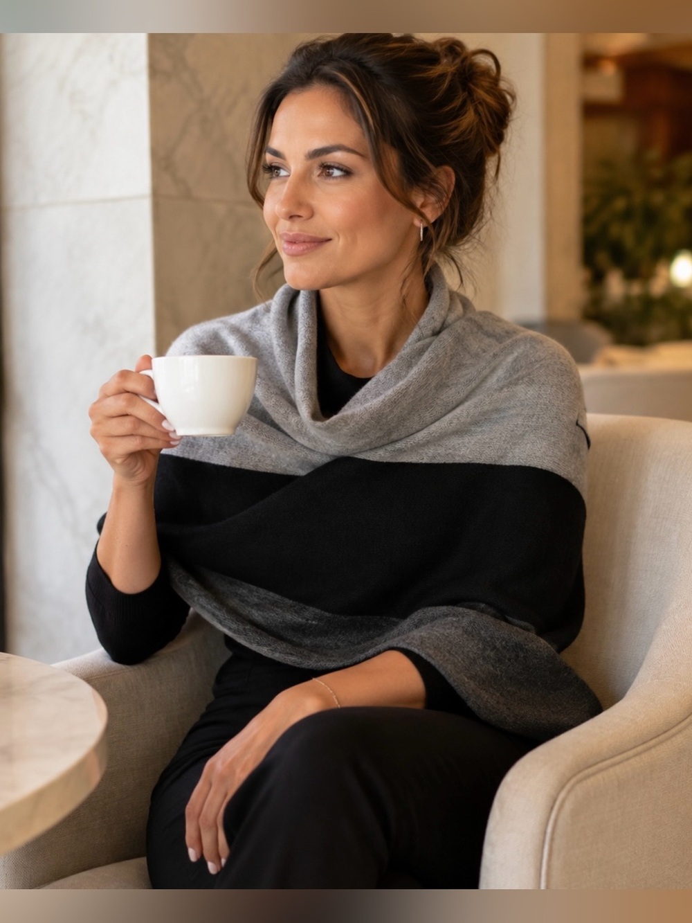Celeste Wool Cashmere Colorblock Oversized Wrap Scarf Gray Black
